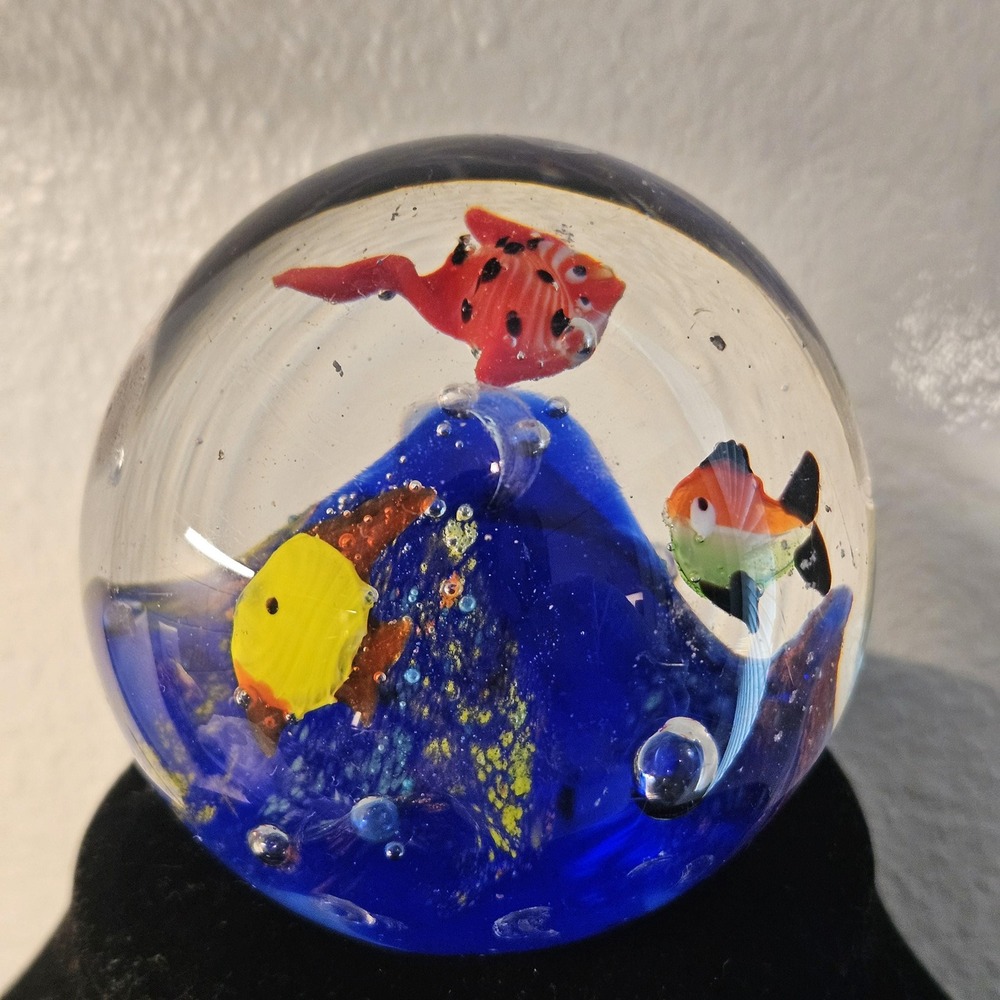 Art Glass Paperweight Colorful Fish Undersea Scene Desk Decor 3.5‎ Inch
